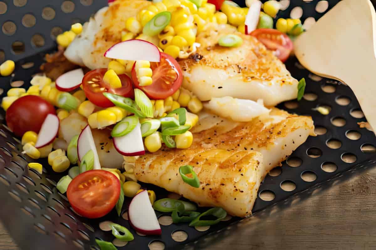 Easy Grilled Fish Recipe - so easy and so good. Top with grilled corn, sliced cherry tomatoes #MissHomemade